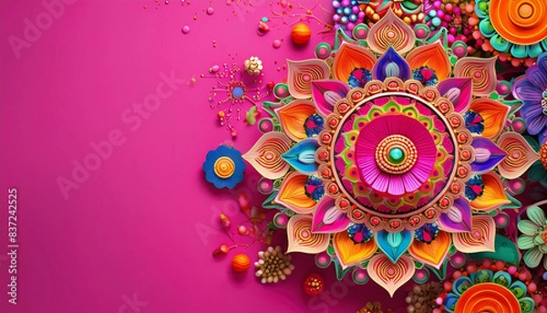 Fototapeta Greeting card banner for festival. Colorful floral mandala patterns on a vibrant pink background