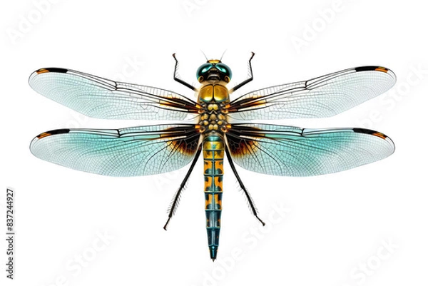 Fototapeta A detailed illustration of a dragonfly with blue, yellow, and brown markings on its body and wings.  The dragonfly is isolated on a black background.