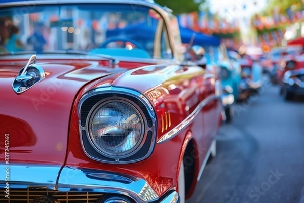 Obraz Classic cars decorated with red, white, and blue in a parade on United States Independence Day, focus on, nostalgic theme, ethereal, blend mode, town square backdrop