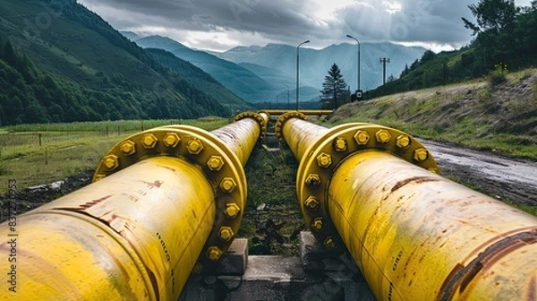 Obraz Yellow gas pipelines in mountain landscape