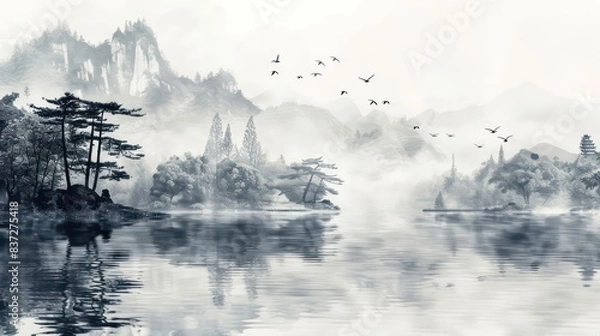 Fototapeta wallpaper vintage chinese landscape drawing of lake with birds trees and fog in black and white design for wallpaper, wall art, print, fresco, mural