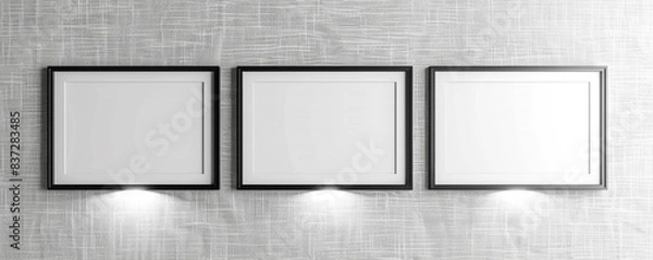 Obraz Three empty white frames with dark borders, arranged in a linear fashion against a light gray wall with a textured linen finish