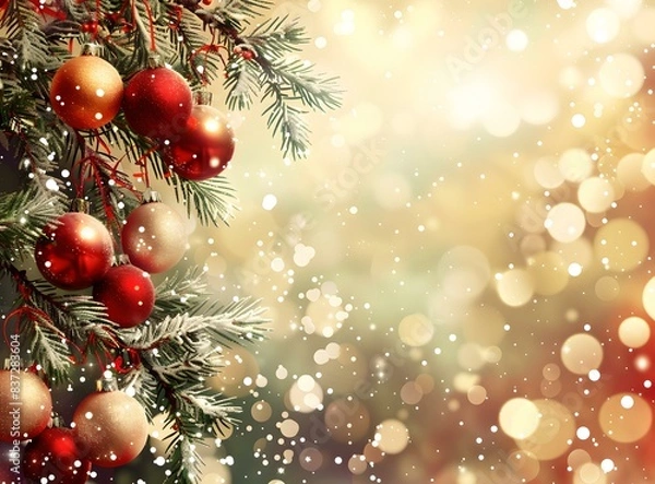 Fototapeta Christmas ornaments hanging on a snowy fir tree branch with a blurred background