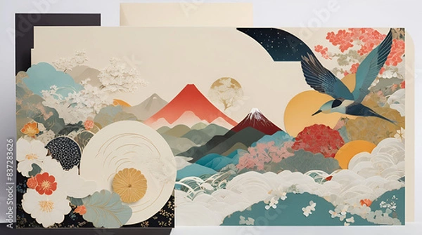 Fototapeta Transform your project into a work of art with an interesting and detailed Japanese paper collage card.