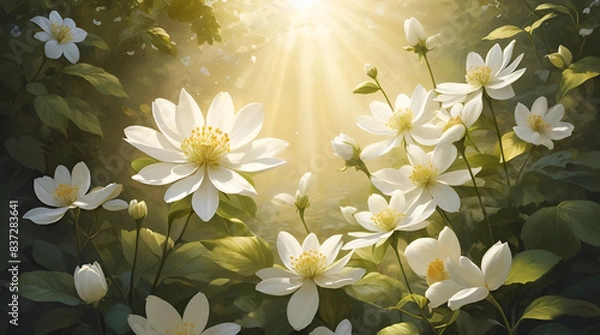 Fototapeta Imagine a scene where nature meets artistry. Picture a white flower as the focal point, surrounded by smaller blooms and golden foliage.