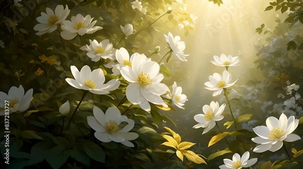 Fototapeta Imagine a scene where nature meets artistry. Picture a white flower as the focal point, surrounded by smaller blooms and golden foliage.