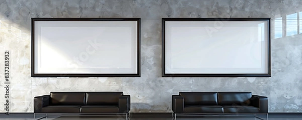 Obraz Two empty white frames with dark borders, spotlighted in a sleek architectural design studio against a wall with a high-gloss varnish. 