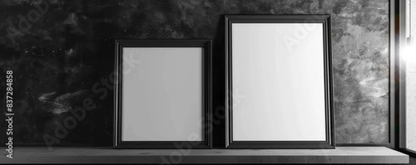 Fototapeta Two empty white frames with dark borders, spotlighted in a sleek architectural design studio against a wall with a chalkboard texture. 