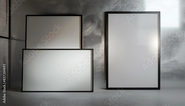 Fototapeta Two empty white frames with dark borders in an architectural studio, centrally spotlighted and angled--one facing slightly forward 