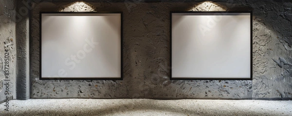 Fototapeta Two empty white frames with dark borders in an architectural studio, centrally spotlighted and angled--one facing slightly forward 