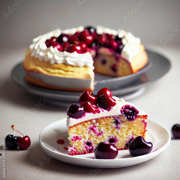Fototapeta Sponge cake with cherry berries