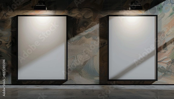 Fototapeta Two white frames with dark borders displayed against a wall with a hand-painted fresco texture in a state-of-the-art architecture studio.