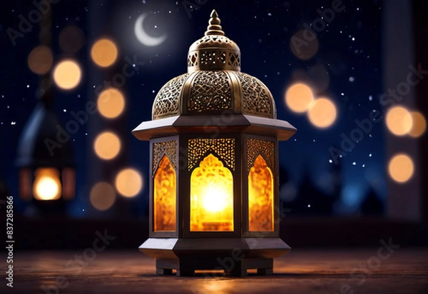Fototapeta Traditional antique Arabic lamp shines brightly.