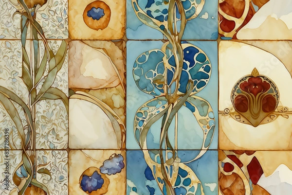 Fototapeta Abstract watercolor art nouveau botanical illustrations with fluid shapes and organic forms and intricate patterns. Nature-inspired wall art for design and print