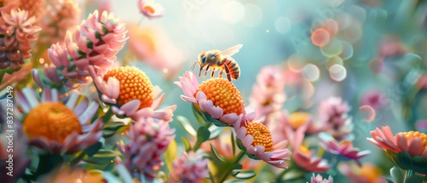 Obraz A bee gathering honey from a chamomile flower in summer