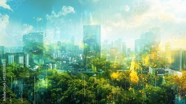 Obraz Stunning abstract illustration of sustainable business practices in a vibrant, futuristic cityscape, eco-friendly designs, high-tech innovations, green technology, environmental consciousness, modern
