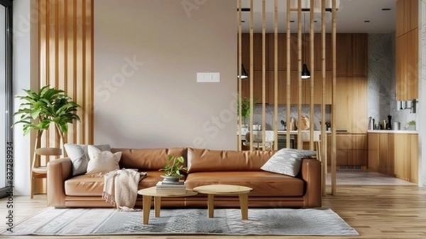 Fototapeta Living room interior wall mockup in warm tones with leather sofa which is behind the kitchen, Generative AI.