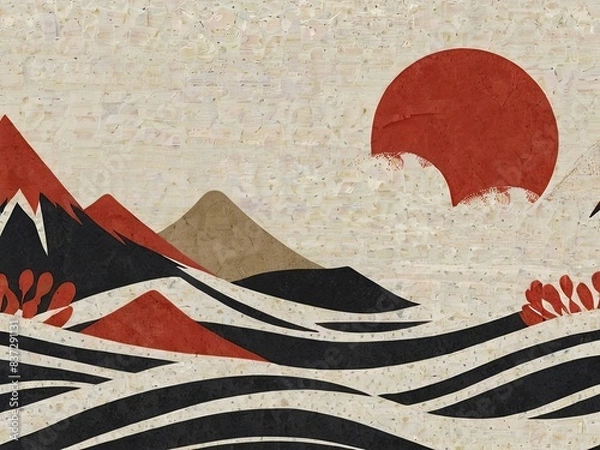 Fototapeta Modern Japanese pattern. Mountain collage graphic background