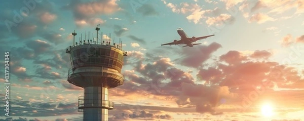 Obraz Air traffic control tower with plane in the sky