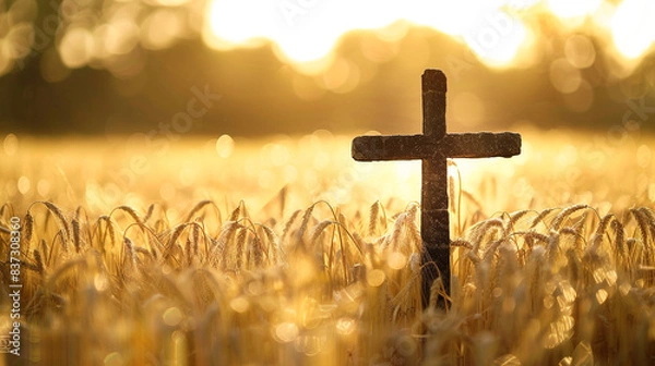 Fototapeta A Christian cross in a field of barley at harvest time, with the afternoon sun casting a warm golden bokeh through the swaying heads of barley, evoking a sense of abundance and gratitude.