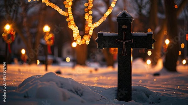 Fototapeta A Christian cross in a snowy park at night during the holiday season, with nearby holiday decorations casting a warm golden bokeh that contrasts with the cold white snow.