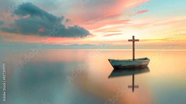 Fototapeta A Christian cross on a small boat floating in the middle of a serene lake during sunset, with the sky and water merging in a palette of soft, peaceful colors.