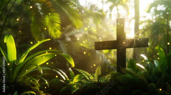 Fototapeta A Christian cross in a tropical rainforest, with sunlight filtering through the dense canopy to create a golden bokeh effect around the lush greenery and the solitary cross.