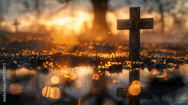 Fototapeta A Christian cross at a historical battlefield at sunset, with the fading light casting long shadows and creating a poignant golden bokeh that reflects the solemnity of the site.