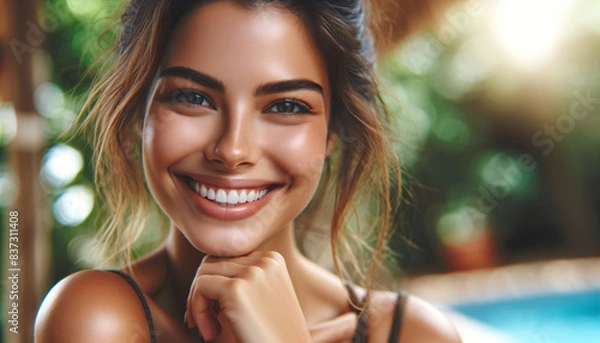 Fototapeta Close-Up Portrait of a Smiling Young Woman with Natural Background Capturing Joyful Expression