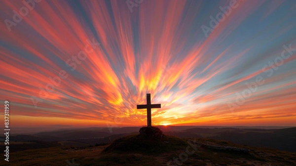 Fototapeta A Christian cross on a distant hilltop, backlit by a vivid sunset, with streaks of orange and pink light radiating across the sky, highlighting the cross's silhouette.