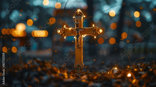 Fototapeta A Christian cross in an abandoned amusement park at night, with old carnival lights still working and casting a ghostly golden bokeh effect around the cross.