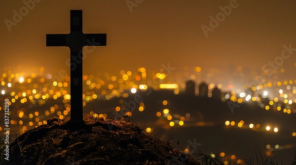 Fototapeta A Christian cross on a small hill overlooking a city at night, with the city lights blurring into a golden bokeh background, providing a contrast between the spiritual calm and the urban energy.