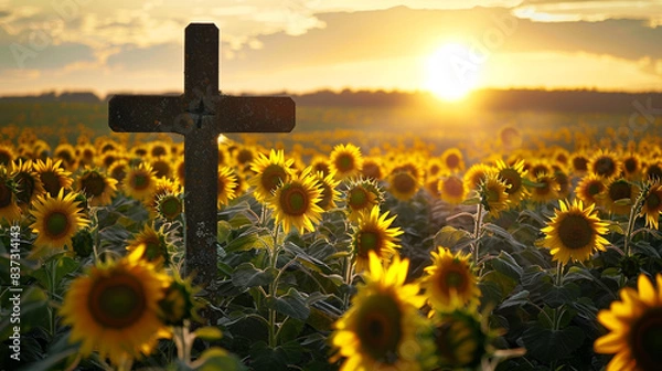 Obraz A Christian cross in a field of sunflowers, with each flower facing the sun as it sets, and the cross casting a long shadow through the field, symbolizing guidance and light.