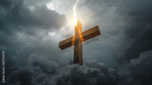 Fototapeta A dramatic image of a large Christian cross illuminated by a single ray of sunlight piercing through a stormy cloud cover.
