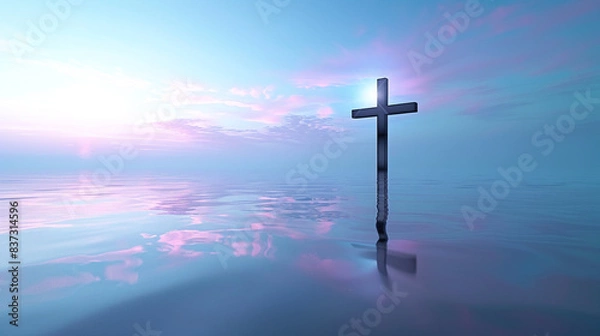 Obraz A surreal image of a Christian cross floating above a calm lake, reflecting brightly in the water. The sky is a gradient of twilight blues and purples, adding a mystical aura to the scene.
