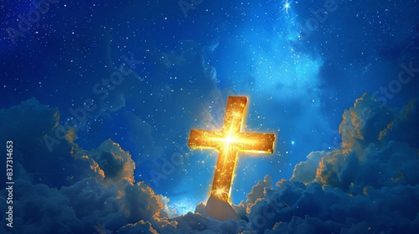 Fototapeta A vivid scene of a Christian cross glowing with a bright, golden light against a deep blue twilight sky filled with stars. 