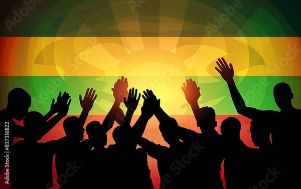 Fototapeta Group of Guinea people gathering hands vector silhouette, unity or support idea, hand gathering silhouette on Guinea flag.