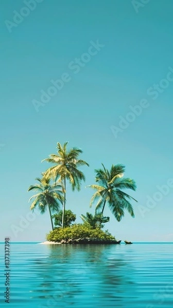 Fototapeta artistic tropical island with palm trees reflected in serene water, copyspace ample space for text, family travel, tourism, and tropical vacation.