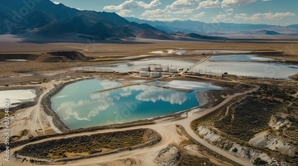 Obraz Aerial view of mining ponds and infrastructure landscape drone shot from above. Reflections of clouds
