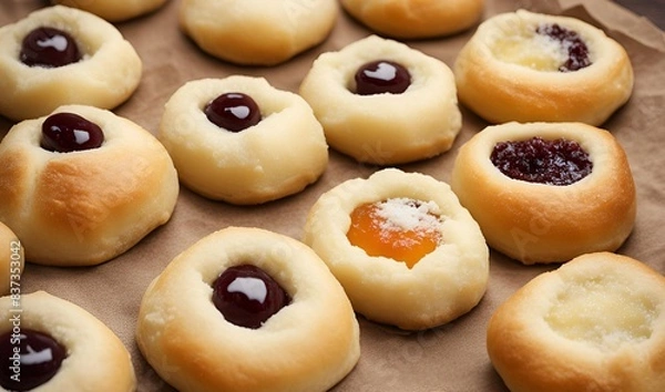 Fototapeta Raspberry and peach Czech Kolache topped with icing is a delightful pastry featuring soft, sweet dough filled with tangy raspberries and juicy peaches, perfect for welcoming berry season.