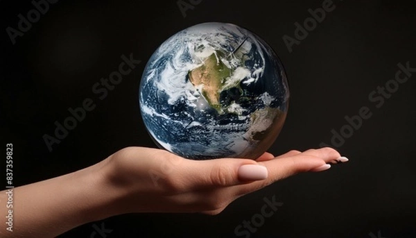 Fototapeta  手の上に地球、黒い背景