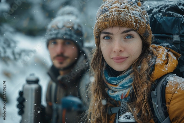 Obraz Happy young couple enjoying winter together, smiling in the snowy forest during their vacation