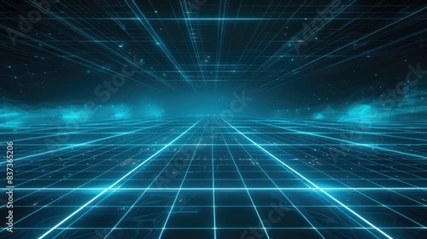 Fototapeta Abstract virtual reality space with glowing grids