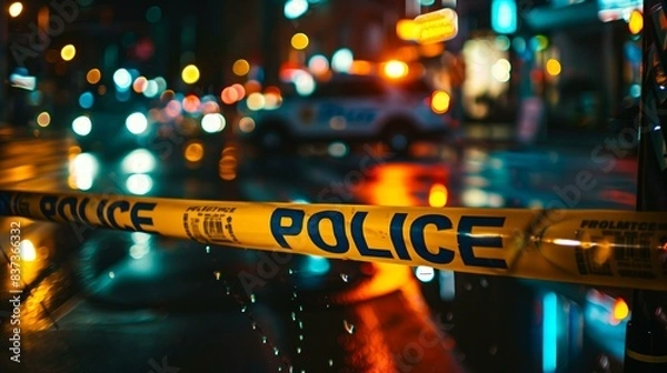 Obraz Police tape cordoning off a crime scene on a rainy city street at night