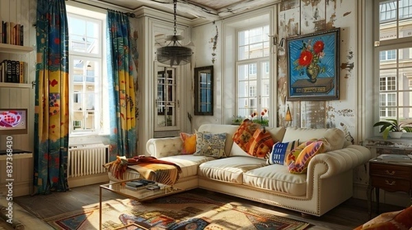 Fototapeta A cozy and well-lit living room with eclectic decor and a comfortable sofa bathed in natural light from large windows. 