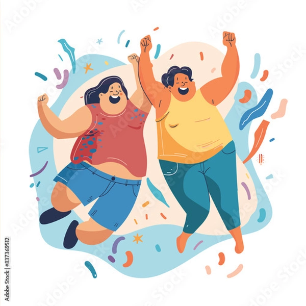 Fototapeta Two joyful cartoon characters dancing happily. Both curvy, one wears red sleeveless top blue shorts, yellow shirt teal pants. Abstract shapes confetti suggest festive mood