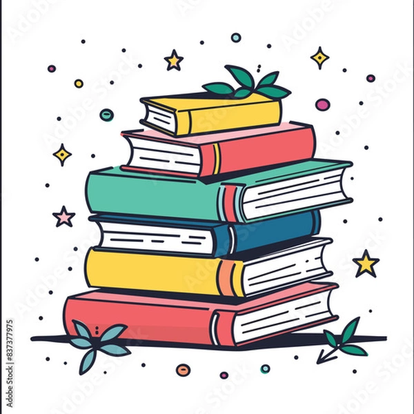 Fototapeta Stacked colorful books, plants adorning, stars dots decoration. Education concept, reading hobby, book collection colorful. Cartoon style, literature themed, vibrant hues, isolated white background