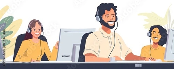 Fototapeta A call center man wearing a headset is smiling at the camera.