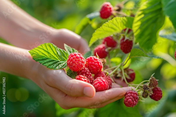 Fototapeta Close-up of hands holding raspberries, symbolizing the abundance and quality your orchard offers for future luxury raspberry creations, with a focus on the hands. Ideal for marketing premium produce.