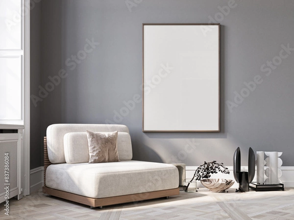 Fototapeta Living room interior  with three big white empty frames, 3d illustration.